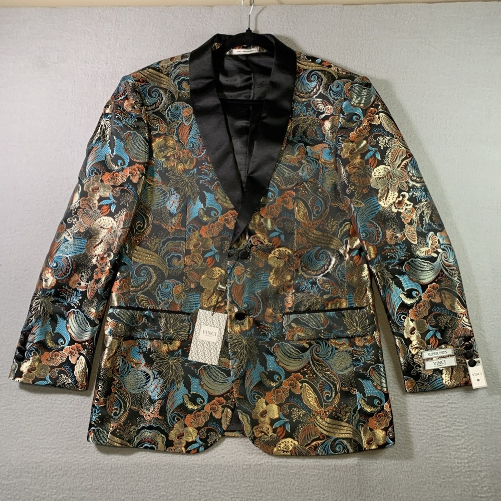 VINCI Men's Teal Metallic Floral Modern Fit M Shawl-Collar Tuxedo Jacket - NWT